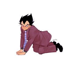 Rule 34 | 1boy, addy (@vegeebs), all fours, black eyes, black footwear, black hair, blush, boots, closed mouth, collared shirt, dragon ball, dragonball z, draw your babygirl (meme), formal, full body, highres, long sleeves, looking at viewer, male focus, meme, necktie, nervous, purple necktie, shirt, short hair, signature, solo, spiked hair, striped necktie, sweat, twitter username, vegeta, white background