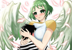 1boy 1girl aijou_rentarou artist_request black_hair blush breasts embarrassed green_eyes green_hair highres kimi_no_koto_ga_dai_dai_dai_dai_daisuki_na_100-nin_no_kanojo large_breasts short_hair wings yasashiki_yamame