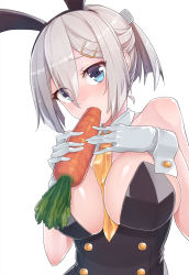 Rule 34 | 10s, 1girl, alternate costume, animal ears, bare shoulders, between breasts, blue eyes, breast suppress, breasts, carrot, detached collar, eyebrows, fake animal ears, food, food in mouth, gloves, grey hair, hair between eyes, hair ornament, hair up, hairband, hairclip, hamakaze (kancolle), holding, holding food, kantai collection, konnyaku (kk-monmon), large breasts, leotard, looking at viewer, necktie, necktie between breasts, playboy bunny, ponytail, rabbit ears, sexually suggestive, short ponytail, simple background, solo, strapless, strapless leotard, upper body, vegetable, white background, white gloves, yellow necktie