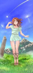 Rule 34 | 1girl, ancient ys vanished, aqua dress, blue eyes, blue sky, blurry, blurry background, brown hair, closed mouth, cloud, collarbone, commentary request, curtained hair, dress, highres, lilia (ys), medium hair, on grass, outdoors, shooting star, sky, smile, solo, standing, sukerock360, ys