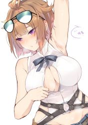 Rule 34 | ..., 1girl, absurdres, ahoge, arm up, armpits, belt, black-framed eyewear, black ribbon, blue-tinted eyewear, blush, breasts, brown hair, dutch angle, ear blush, eyewear on head, girls&#039; frontline, glasses, grizzly mkv (girls&#039; frontline), highres, jingo, large breasts, looking away, looking to the side, neck ribbon, no bra, o-ring, opaque glasses, open clothes, open shirt, parted lips, purple eyes, ribbon, shirt, short hair, simple background, slit pupils, solo, speech bubble, spoken ellipsis, sweat, tinted eyewear, translation request, upper body, white background, white shirt