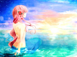 Rule 34 | 1girl, arm support, back, blue eyes, butt crack, completely nude, dawn, flower, hair flower, hair ornament, haronnu, highres, long hair, megurine luka, mermaid, monster girl, nude, ocean, partially submerged, pink hair, red flower, red rose, rose, seashell, shell, sky, smile, solo, sunset, very long hair, vocaloid, water