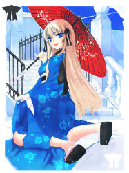 Rule 34 | 1girl, blonde hair, blue eyes, hair ribbon, japanese clothes, kneeling, long hair, looking back, murasame ryou, oil-paper umbrella, open mouth, pinky out, ribbon, ringed eyes, sandals, solo, stairs, umbrella, zouri
