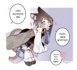 Rule 34 | 1boy, 2girls, :3, animal ears, animal hands, black dress, blush, brown hair, cape, cardigan, cat ears, commentary request, dress, female commander (forever 7th capital), forever 7th capital, gloves, grey cardigan, korean text, looking at viewer, multiple girls, open mouth, paw gloves, paw shoes, sapphire (nine), shiro (forever 7th capital), short hair, smile, socks, speech bubble, translation request, white socks, yan hua (forever 7th capital)
