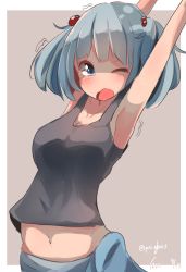 Rule 34 | 1girl, armpits, arms up, blue eyes, blue hair, grey background, hair bobbles, hair ornament, highres, interlocked fingers, kawashiro nitori, midriff, navel, one eye closed, open mouth, pachio, short twintails, simple background, sketch, solo, stretching, tank top, tears, touhou, twintails, twitter username, two side up, upper body, wavy mouth, yawning