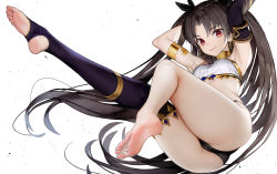 Rule 34 | 1girl, absurdres, armpits, arms up, ass, barefoot, bikini, black bikini, black hair, black ribbon, black thighhighs, blush, breasts, camisole, closed mouth, commentary request, detached sleeves, earrings, fate/grand order, fate (series), feet, foreshortening, full body, hair ribbon, highres, hoop earrings, ishtar (fate), jewelry, long hair, looking at viewer, mismatched bikini, nyatabe, parted bangs, red eyes, ribbon, simple background, single detached sleeve, single thighhigh, small breasts, smile, soles, solo, stirrup legwear, swimsuit, thighhighs, thighs, toeless legwear, toes, twintails, very long hair, white background, white bikini