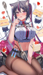 Rule 34 | 1girl, absurdres, amahara subaru, animal ear fluff, animal ears, bare arms, between legs, black hair, blush, breasts, brown pantyhose, cake, cake slice, cat ears, chest harness, collared shirt, creature, crop top, food, fork, hair between eyes, hand between legs, harness, highres, indie virtual youtuber, isonade orca, jacket, unworn jacket, large breasts, looking at viewer, micro shorts, midriff, multicolored hair, navel, necktie, no shoes, open mouth, oversized object, pantyhose, pink eyes, red hair, red necktie, shirt, shorts, simple background, sitting, sleeveless, sleeveless shirt, solo, test tube, thighband pantyhose, twintails, two-tone hair, virtual youtuber, wariza, white background, white shirt