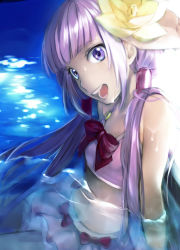 Rule 34 | 1girl, bad id, bad pixiv id, bikini, bow, flower, hair flower, hair ornament, long hair, maruishi, partially submerged, pink bikini, purple eyes, purple hair, smile, solo, sophie (tales), swimsuit, tales of (series), tales of graces, twintails, water, wet