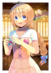 Rule 34 | 1girl, :d, antenna hair, blonde hair, blue bow, blue eyes, blurry, blurry background, bow, braid, collarbone, commentary request, commission, depth of field, dress, frilled shirt, frills, hair between eyes, hair bow, holding, kou hiyoyo, long hair, looking at viewer, open mouth, rubik&#039;s cube, shirt, short sleeves, single braid, skeb commission, smile, solo, sophitia alexandra, soul calibur, very long hair, white shirt, yellow dress