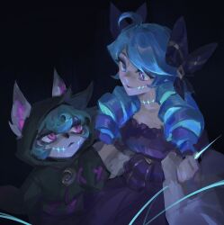 Rule 34 | 2girls, ahoge, black background, black bow, black dress, black hoodie, blue hair, bow, breasts, cowboy shot, dress, drill hair, glowing markings, green hair, grey dress, gwen (league of legends), hair bow, highres, holding sewing needle, hood, hood up, hoodie, kgynh, large breasts, league of legends, long hair, looking at another, multiple girls, pink eyes, short hair, smile, twin drills, twintails, two-tone dress, vex (league of legends), yordle