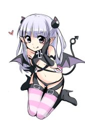 Rule 34 | 10s, 1girl, black gloves, flat chest, gloves, long hair, looking at viewer, naruse maria, pointy ears, quro (black river), shinmai maou no testament, simple background, smile, solo, striped clothes, striped thighhighs, tail, thighhighs, white background, wings