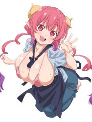 Rule 34 | 1girl, blush, breasts, cleavage, collarbone, dragon girl, dragon horns, horns, huge breasts, ilulu (maidragon), kobayashi-san chi no maidragon, loliconder, long hair, looking at viewer, open clothes, open mouth, open shirt, pink eyes, pink hair, pointy ears, sharp teeth, slit pupils, smile, solo, teeth, twintails