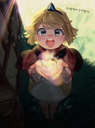 Rule 34 | 1girl, absurdres, blonde hair, blue eyes, capelet, dress, feet out of frame, guardian tales, hair ornament, highres, holding, huge filesize, jiki (gkdlfnzo1245), little princess (guardian tales), looking at viewer, open mouth, red capelet, shadow, short hair, standing, swept bangs, teeth
