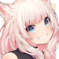 Rule 34 | 1girl, akizone, animal ears, bare shoulders, blue eyes, blush, commentary, commission, english commentary, final fantasy, final fantasy xiv, grin, long hair, looking at viewer, original, portrait, smile, solo, teeth, warrior of light (ff14), white hair, wolf ears