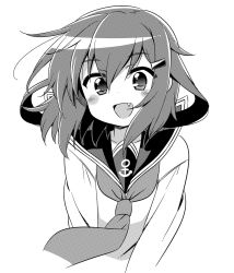 Rule 34 | 10s, 1girl, :d, anchor symbol, commentary request, fang, greyscale, hair ornament, hairclip, highres, ikazuchi (kancolle), kantai collection, long sleeves, monochrome, neckerchief, open mouth, plover, school uniform, serafuku, short hair, smile, solo, upper body