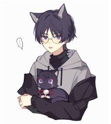 Rule 34 | ..., 1boy, alternate costume, animal, animal ear fluff, animal ears, black jacket, black sweater, blush, cat, cat ears, closed mouth, drawstring, eyeliner, genshin impact, glasses, grey hoodie, hair between eyes, hand up, highres, hood, hood down, hoodie, jacket, jewelry, kemonomimi mode, long sleeves, looking at another, looking at viewer, looking up, makeup, necklace, no headwear, no mouth, open clothes, open jacket, parted bangs, pink ribbon, pom pom (clothes), puffy long sleeves, puffy sleeves, purple cat, purple eyes, purple hair, red eyeliner, reido 0723, ribbon, round eyewear, scaramouche (cat) (genshin impact), scaramouche (genshin impact), short hair, simple background, sitting, sitting on person, speech bubble, spoken ellipsis, sweater, tongue, tongue out, turtleneck, turtleneck sweater, upper body, v-shaped eyebrows, white background