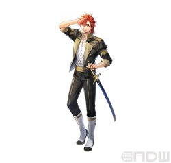 Rule 34 | 1boy, arm up, artist request, black jacket, black pants, boots, brown eyes, fire emblem, fire emblem: three houses, fire emblem heroes, full body, garreg mach monastery uniform, hair between eyes, hand in own hair, jacket, leggings, looking at viewer, male focus, nintendo, official art, open clothes, open jacket, orange hair, pants, scabbard, sheath, sheathed, shirt, short hair, simple background, smile, solo, standing, sword, sylvain jose gautier, weapon, white background, white footwear, white shirt