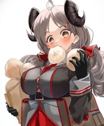 Rule 34 | 1girl, bag, baozi, belt, blue archive, blush, breasts, brown eyes, food, grey hair, hair ornament, hairclip, highres, hitachi sou, holding, holding food, izumi (blue archive), large breasts, long hair, long sleeves, looking at viewer, mouth hold, pouch, red neckwear, simple background, solo, upper body, white background