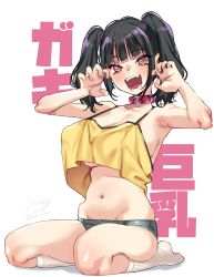 Rule 34 | 1girl, armpits, arms up, belt collar, black hair, blunt bangs, blush, borrowed character, breasts, claw pose, collar, collarbone, commentary request, covered erect nipples, dated, fangs, fingernails, full body, groin, hands up, highres, kanji, karasuma yayoi, kneehighs, long hair, looking at viewer, navel, no bra, open mouth, oppai loli, orange eyes, original, pink collar, sasaki kanna (kaedeko), seiza, shiny skin, short shorts, shorts, signature, simple background, sitting, smile, socks, solo, teeth, text background, tongue, twintails, underboob, white background, white socks