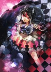 Rule 34 | 1girl, arrow (symbol), bad id, bad twitter id, black hair, blue bow, blue bowtie, bow, bowtie, checkered floor, dress, hand on own hip, horns, kijin seija, multicolored hair, no-kan, red eyes, red hair, short hair, short sleeves, solo, streaked hair, tongue, tongue out, touhou, uneven eyes, white dress, white hair