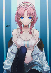 Rule 34 | 1girl, absurdres, arknights, bare shoulders, black leggings, blue background, blue eyes, blue poison (arknights), blue poison (shoal beat) (arknights), blue shorts, braid, breasts, bright pupils, choker, cleavage, closed mouth, collarbone, earrings, feet out of frame, grey jacket, hairband, harukan tiusu, highres, jacket, jewelry, knee up, leggings, leggings under shorts, long hair, long sleeves, looking at viewer, navel, off shoulder, official alternate costume, open clothes, open jacket, pantyhose, parted bangs, partially unzipped, pink choker, pink hair, shorts, signature, sitting, small breasts, solo, sports bra, striped, striped background, twin braids, white hairband