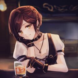 Rule 34 | 1girl, :d, alcohol, bar (place), black choker, black gloves, black vest, blurry, blurry background, brown hair, choker, dress, earrings, glass, gloves, green eyes, grin, hair bun, hand on own cheek, hand on own face, ice, ice cube, indoors, jewelry, looking at viewer, necklace, open mouth, puffy short sleeves, puffy sleeves, remosea, rosa (tears of themis), short sleeves, single hair bun, smile, table, tears of themis, teeth, upper body, vest, whiskey, white dress