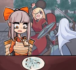 Rule 34 | 3girls, armor, blonde hair, bow, brown hair, centurii-chan (artist), chainmail, disgust, duel, fighting, food, frying pan, gloves, hair bow, high ponytail, highres, holding, holding frying pan, holding shield, holding sword, holding weapon, japanese armor, jellied eel, long hair, multiple girls, orange eyes, original, ponytail, red eyes, samurai, samurai (centurii-chan), shield, shoulder armor, sode, sword, viking, viking (centurii-chan), weapon, white hair