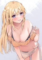 Rule 34 | 1girl, bare shoulders, bikini, bikini pull, bikini under clothes, black bikini, blonde hair, blush, breasts, character request, cleavage, clothes pull, cocoa (cafe-hotcocoa), collarbone, copyright request, cowboy shot, grin, hand on own thigh, highres, large breasts, leaning forward, long hair, looking at viewer, navel, off-shoulder bikini, off shoulder, purple eyes, smile, solo, swimsuit, two side up