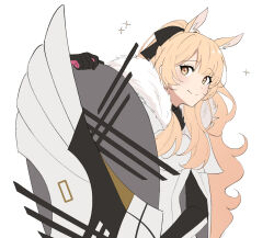 Rule 34 | 1girl, animal ear fluff, animal ears, arknights, avi (baltika seven), black bow, black gloves, blemishine (arknights), blonde hair, bow, brown eyes, closed mouth, commentary, elbow gloves, english commentary, gloves, hair bow, hand up, highres, horse ears, jacket, ponytail, shield, simple background, smile, solo, sparkle, white background, white jacket