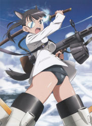 Rule 34 | 00s, 1girl, absurdres, animal ears, black hair, black one-piece swimsuit, blouse, cloud, day, dog ears, drum magazine, eyepatch, gun, highres, holding, holding sword, holding weapon, katana, long hair, machine gun, magazine (weapon), military, military uniform, no pants, non-web source, official art, one-piece swimsuit, outdoors, ponytail, sakamoto mio, school swimsuit, shimada fumikane, shirt, sky, solo, strike witches, striker unit, swimsuit, swimsuit under clothes, sword, uniform, weapon, white shirt, world witches series