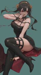 Rule 34 | 1girl, absurdres, bare shoulders, black dress, black gloves, black hair, black thighhighs, blood, breasts, cleavage, dagger, dress, fingerless gloves, free style (yohan1754), gloves, gold hairband, hair ornament, hairband, highres, knife, large breasts, long hair, looking to the side, red eyes, sidelocks, spy x family, thighhighs, thighs, weapon, yor briar