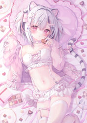 Rule 34 | 1girl, animal ears, bare shoulders, breasts, candy, cat ears, cat girl, cat tail, chocolate, chocolate heart, choker, commentary request, crop top, food, frilled shirt, frilled skirt, frills, hands up, heart, heart-shaped pillow, heart choker, highres, indie virtual youtuber, jacket, kohaku gao, long hair, long sleeves, looking at viewer, lying, medium breasts, midriff, miniskirt, momochi chia, navel, off shoulder, on bed, open clothes, open jacket, pillow, pink choker, pink eyes, pink jacket, shirt, skindentation, skirt, solo, stomach, strapless, strapless shirt, suspenders, tail, thigh strap, thighhighs, thighs, tube top, twintails, valentine, virtual youtuber, white hair, white shirt, white skirt, white thighhighs, zettai ryouiki