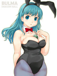 Rule 34 | 1girl, :o, animal ears, aqua hair, arm behind back, bad id, bad pixiv id, bare arms, bare shoulders, between breasts, blue eyes, blue pantyhose, bow, bowtie, breasts, bulma, character name, cleavage, copyright name, curvy, detached collar, dragon ball, dragon radar, dragonball z, fake animal ears, female focus, grey pantyhose, hip focus, large breasts, leotard, long hair, looking at viewer, neck, open mouth, pantyhose, playboy bunny, plump, rabbit ears, rabbit tail, red bow, solo, standing, strapless, strapless leotard, tail, takagi hideaki, white background, wide hips