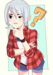 Rule 34 | 1girl, another code, another code r, another code recollection, ashley mizuki robbins, blue eyes, highres, kulfae (solfa0419), long sleeves, nintendo, open clothes, open mouth, open shirt, plaid, plaid shirt, question mark, red shirt, shirt, short hair, shorts, sleeves rolled up, solo, t-shirt, wristband