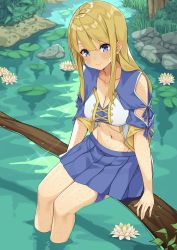 Rule 34 | 1girl, bare legs, blonde hair, blue eyes, blue skirt, breasts, cleavage, clothing cutout, collarbone, commission, crop top, flower, freckles, groin, highres, kaosu kun, lily pad, long hair, looking at viewer, medium breasts, midriff, miniskirt, nature, navel, original, outdoors, pleated skirt, shoulder cutout, sidelocks, sitting, skirt, smile, solo, thigh strap, branch, water, white flower
