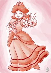 Rule 34 | 1girl, breasts, crown, dress, earrings, flower earrings, full body, gem, grin, hand on own hip, jewelry, looking at viewer, mario (series), nintendo, one eye closed, princess daisy, puffy short sleeves, puffy sleeves, short sleeves, smile, solo, standing, super mario land, super smash bros., tomboy, v, wink