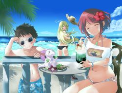 Rule 34 | 1boy, 2girls, alternate costume, bad id, bad twitter id, beach, bikini, blonde hair, chest jewel, covering privates, covering breasts, highres, long hair, multiple girls, mythra (xenoblade), navel, pyra (xenoblade), red hair, rex (xenoblade), shiroxai, swimsuit, topless, water, xenoblade chronicles (series), xenoblade chronicles 2, yellow eyes