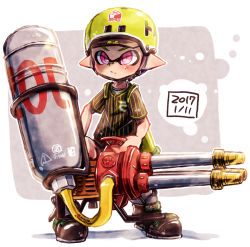 Rule 34 | 1boy, ankle boots, bad id, bad pixiv id, baseball jersey, black footwear, black shirt, boots, dated, full body, grey background, harutarou (orion 3boshi), hat, helmet, holding, holding weapon, hydra splatling (splatoon), ink tank (splatoon), inkling, inkling (language), inkling boy, inkling player character, jersey, looking at viewer, male focus, nintendo, outside border, pointy ears, purple eyes, shirt, splatoon (series), splatoon 1, standing, striped clothes, striped shirt, vertical-striped clothes, vertical-striped shirt, weapon, yellow hat