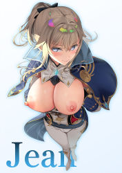 Rule 34 | 1girl, alternate breast size, asahina hikage, belt, black bow, blonde hair, blue eyes, boots, bow, breasts, breasts out, cape, capelet, character name, closed mouth, commentary request, detached collar, full body, gem, genshin impact, gloves, highres, jean (genshin impact), knee boots, large breasts, lips, long hair, nipples, pants, shiny skin, sidelocks, simple background, solo, strapless, white background, white footwear