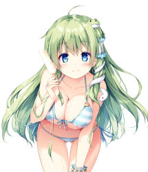 Rule 34 | 1girl, ahoge, bare arms, bare shoulders, bikini, blue bikini, blue eyes, blush, breasts, cleavage, collarbone, commentary request, cowboy shot, food, frog hair ornament, front-tie bikini top, front-tie top, gluteal fold, green hair, hair ornament, hair tubes, halterneck, hand up, holding, holding food, kochiya sanae, large breasts, leaning forward, long hair, looking at viewer, miyase mahiro, navel, popsicle, scrunchie, side-tie bikini bottom, simple background, smile, snake hair ornament, solo, standing, stomach, string bikini, striped bikini, striped clothes, swimsuit, thighs, touhou, very long hair, white background, wrist scrunchie