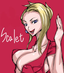 Rule 34 | 1990s (style), 1girl, blonde hair, blue eyes, breasts, cleavage, dress, earrings, female focus, final fantasy, final fantasy vii, jewelry, large breasts, long hair, nousk, open mouth, retro artstyle, scarlet (ff7), simple background, solo