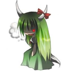 Rule 34 | 1girl, caved (touhou), chibi, ex-keine, female focus, full body, green hair, grin, horns, kamishirasawa keine, lowres, red eyes, ribbon, simple background, smile, solo, standing, touhou, white background