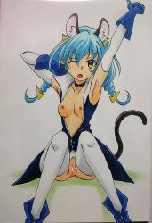 Rule 34 | 1girl, animal ears, arms up, ashigaki radar, bar censor, blue dress, blue footwear, blue gloves, blue hair, blush, breasts, breasts out, cat ears, cat girl, cat tail, censored, choker, collarbone, dress, gloves, hair ornament, highres, long hair, looking at viewer, low twintails, medium breasts, nipples, no panties, one eye closed, open clothes, open dress, open mouth, precure, pussy, shoes, sitting, sleeveless, sleeveless dress, star twinkle precure, stretching, tail, thighhighs, twintails, white background, white thighhighs, yellow eyes, yuni (precure)