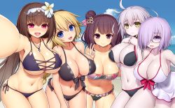 Rule 34 | 5girls, :d, absurdres, ahoge, asamura hiori, bare arms, bare shoulders, bikini, black-framed eyewear, black bikini, black hairband, blonde hair, blue eyes, blue sky, blush, braid, breasts, brown hair, cleavage, cloud, collarbone, commentary request, covered navel, day, dress, dress swimsuit, fate/grand order, fate (series), flower, foreshortening, glasses, green eyes, groin, hair between eyes, hair bun, hair flower, hair ornament, hair over one eye, hairband, hands up, head tilt, highres, jeanne d&#039;arc alter (swimsuit berserker) (fate), jeanne d&#039;arc (fate), jeanne d&#039;arc (ruler) (fate), jeanne d&#039;arc (swimsuit archer) (fate), jeanne d&#039;arc (swimsuit archer) (first ascension) (fate), jeanne d&#039;arc alter (fate), jeanne d&#039;arc alter (swimsuit berserker) (fate), jewelry, katsushika hokusai (fate), katsushika hokusai (painting summer) (fate), large breasts, leaning forward, long hair, looking at viewer, magatama, magatama necklace, mash kyrielight, mash kyrielight (swimsuit of perpetual summer), multiple girls, navel, necklace, official alternate costume, open mouth, osakabehime (fate), osakabehime (foxy lady) (fate), outdoors, outstretched arm, pale skin, purple bikini, purple eyes, reaching, reaching towards viewer, selfie, side-tie bikini bottom, side bun, silver hair, single braid, single hair bun, single side bun, sky, smile, swimsuit, very long hair, white dress, white flower, white hairband