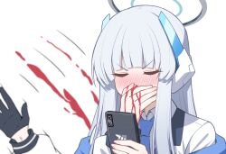 Rule 34 | 2girls, black gloves, blood, blue archive, blue necktie, blush, cellphone, closed eyes, collared shirt, gloves, grey hair, halo, highres, holding, holding phone, jacket, long hair, mechanical halo, multiple girls, necktie, noa (blue archive), nosebleed, phone, reia 76, shirt, simple background, smartphone, solo focus, white background, white jacket, white shirt, yuuka (blue archive)