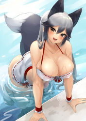 Rule 34 | 1girl, absurdres, alternate breast size, animal ears, arm support, barefoot, bikini, black hair, breasts, brown eyes, cleavage, collarbone, covered erect nipples, extra ears, fox ears, fox girl, fox tail, grey hair, hair between eyes, head tilt, highres, huge breasts, kemono friends, leaning forward, long hair, looking at viewer, mappuri, multicolored hair, open mouth, outstretched arms, partially submerged, poolside, sidelocks, silver fox (kemono friends), skindentation, smile, solo, swimsuit, tail, toenails, toes, two-tone hair, water, wet, wrist cuffs