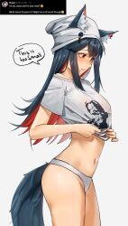 Rule 34 | absurdres, animal ear fluff, animal ear piercing, animal ears, arknights, beanie, black hair, blush, borrowed clothes, breasts, colored inner hair, commentary, covered erect nipples, crop top, ears through headwear, english text, hat, highres, long hair, lufi ays, medium breasts, midriff, multicolored hair, navel, panties, print shirt, red eyes, red hair, screenshot inset, shirt, speech bubble, sweatdrop, t-shirt, tail, texas (arknights), the emperor (arknights), two-tone hair, undersized clothes, underwear, white background, white panties, white shirt, wolf ears, wolf girl, wolf tail