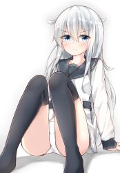Rule 34 | &gt;:(, 10s, 1girl, absurdres, aqua eyes, aqua hair, arm support, black skirt, black thighhighs, frown, hibiki (kancolle), highres, kantai collection, knees up, long hair, long sleeves, looking at viewer, moyoron, no headwear, no headwear, no pants, no shoes, panties, pantyshot, pleated skirt, sailor collar, simple background, sitting, skirt, solo, thighhighs, underwear, v-shaped eyebrows, verniy (kancolle), white background, white panties