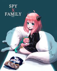 Rule 34 | 1girl, absurdres, animal, anya (spy x family), artist request, black dress, blush, bond (spy x family), dog, dress, green eyes, highres, looking at viewer, medium hair, open mouth, pink hair, solo, spy x family, stuffed animal, stuffed toy, white dog