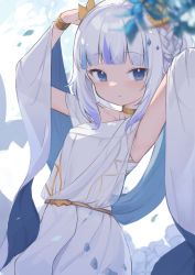 Rule 34 | 1girl, absurdres, armpits, arms up, blue eyes, blue hair, blunt bangs, braid, commentary, english commentary, gawr gura, gawr gura (party dress), hair ribbon, highres, hololive, hololive english, klaius, looking at viewer, multicolored hair, official alternate costume, ribbon, solo, streaked hair, toga, two-tone hair, virtual youtuber, white hair, yellow ribbon